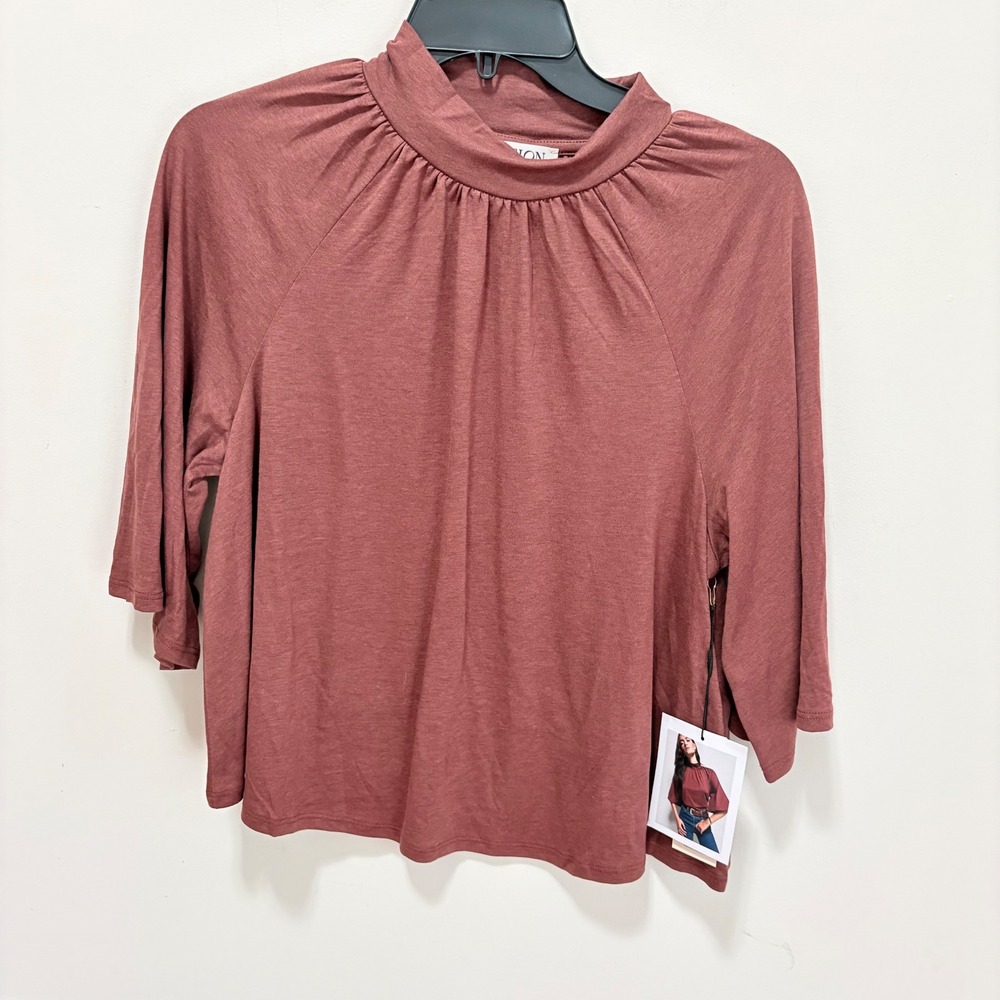 Nation LTD Mock Neck Blouse Women Rose Size S Pima Cotton Tencel 3/4 Sleeve